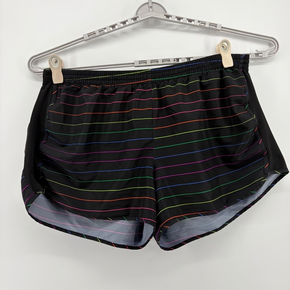 Danskin Now Womens 3X Black Rainbow Stripe Athletic Shorts Mesh Dolphin Hem